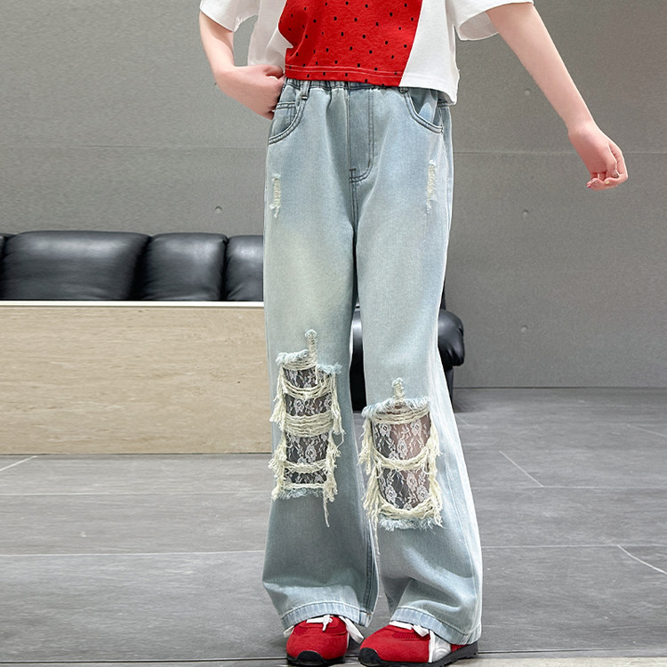 A25036 Style Ripped Lace Jeans Wide Leg New Children's Miscellaneous European And American Jeans_viptrois.com
