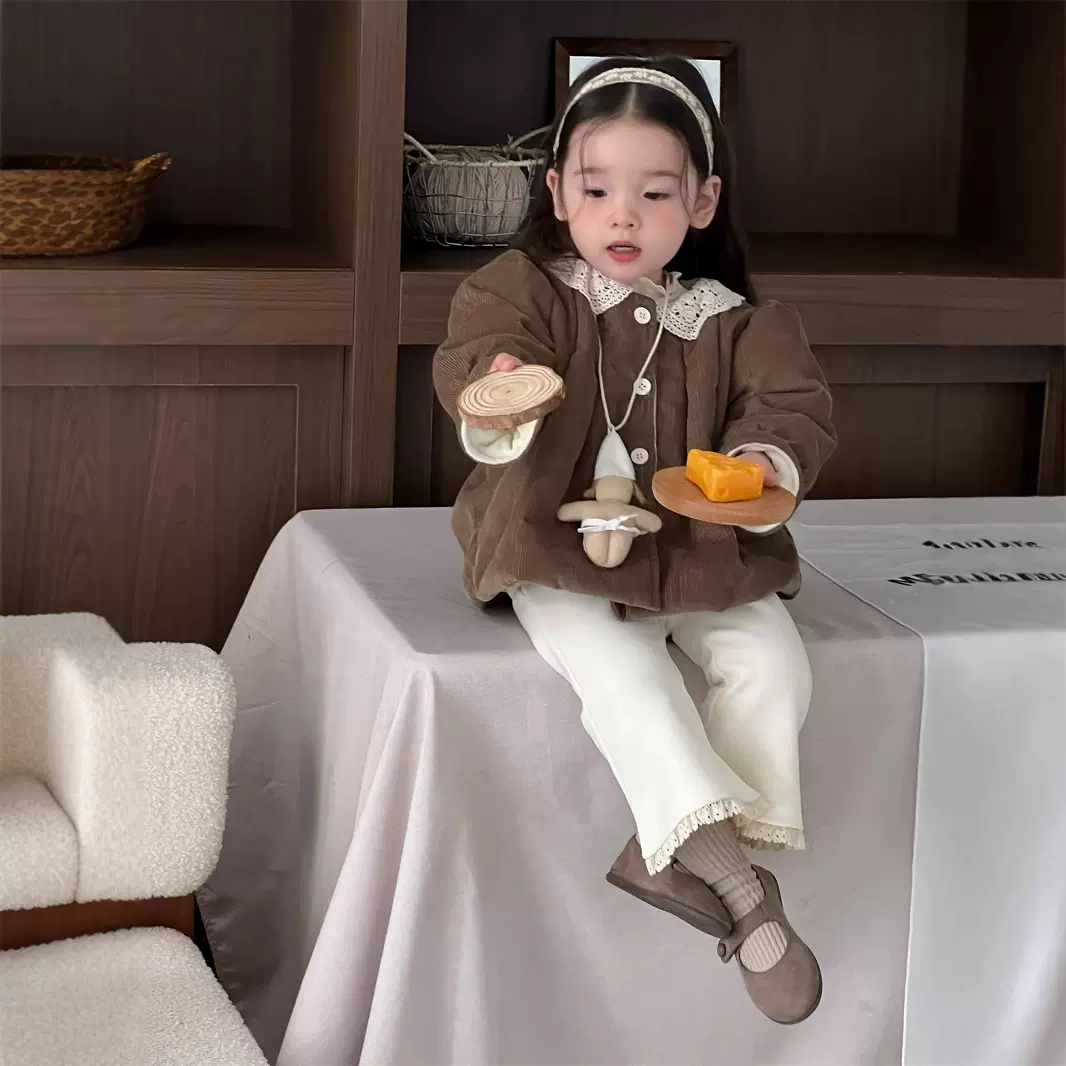 婴儿冬季开衫棉衣外套宝宝衣服秋冬装韩版童装女童花边条绒棉外套