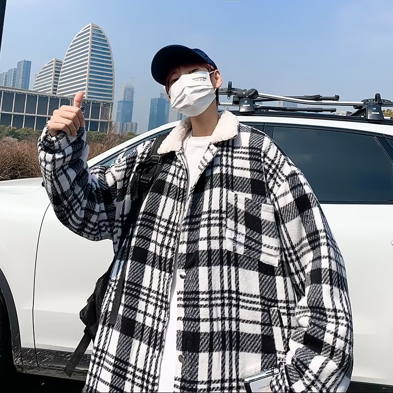 Chaqueta de lana a cuadros de otoño e invierno de todo fósforo para hombres, chaqueta corta retro casual, hermosa y suelta, chaqueta estilo Hong Kong de la marca de moda ins