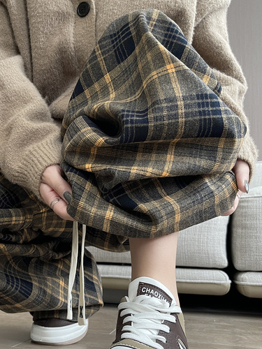 Yellow Grid Leggings for Girls, Suitable for Autumn and Winter 2025, High-Waisted, Flowy, Fleece Lined, Thick, Relaxed Style, Straight Leg Wide Pants