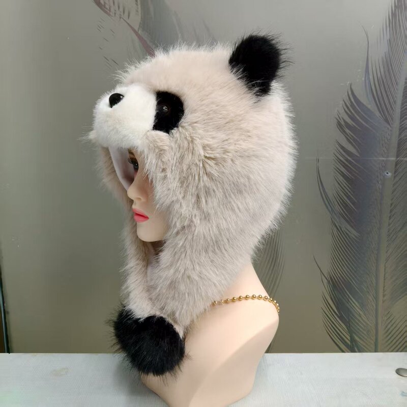 网红新款熊猫帽子时尚仿狐狸毛长卡通大鼻子护耳帽成人冬季亲子帽|undefined
