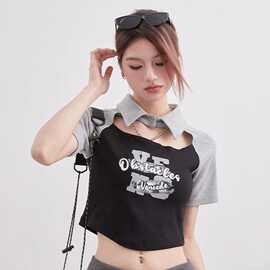 纯棉美式polo领2024新款爆款短款露胸t恤女撞色甜辣露脐上衣欧货