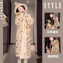 波点连帽法兰绒睡衣秋冬季女款2025新款珊瑚绒睡裙加厚家居服睡袍