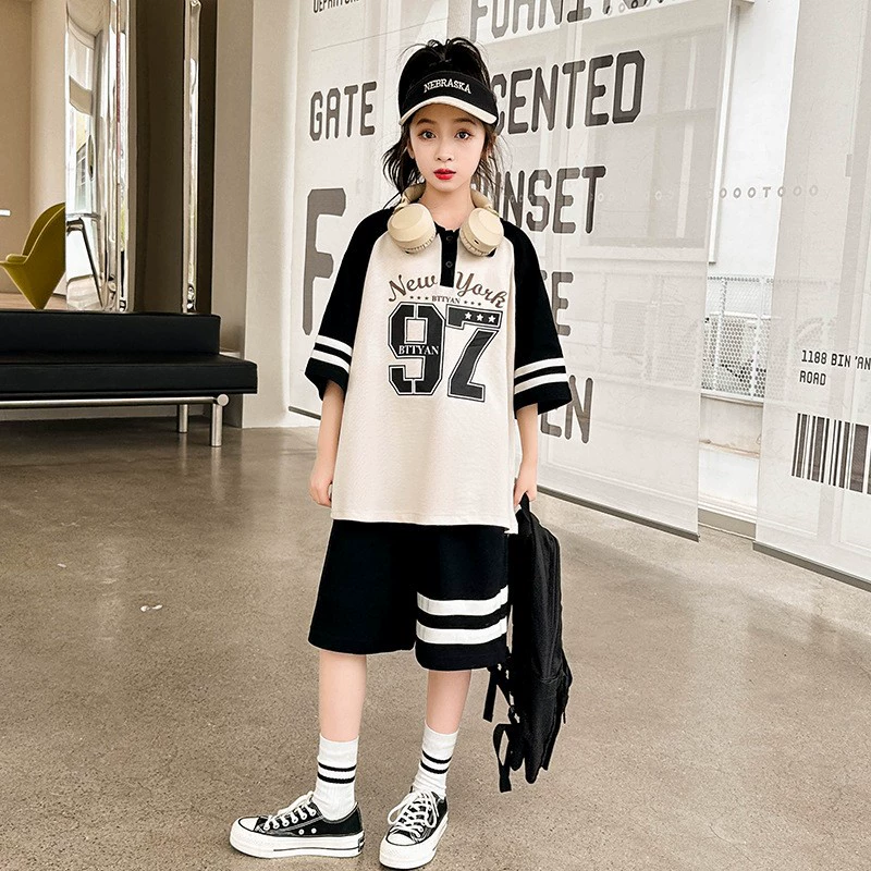 Summer set, uniform, trousers, sports suit, for teenagers, loose fit, with short sleeve