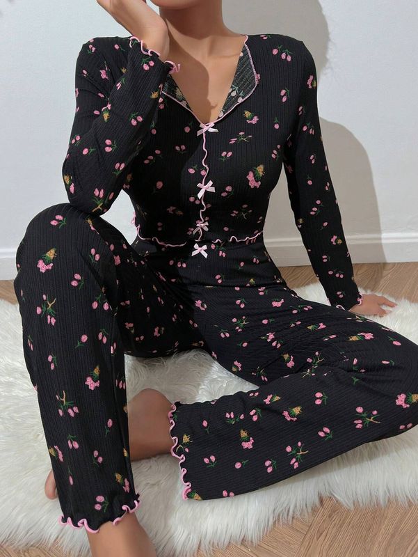 欧美跨境热销家居服蝴蝶结翻领卷边长袖睡衣女可外穿长裤两件套装|undefined