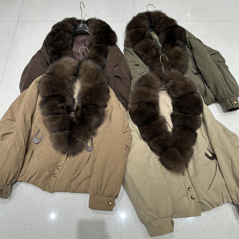 Autumn and Winter Suede Real Fox Fur Collar Jacket for Women, Short Style with Duck down Lining, Natural Fur Coat Autumn and Winter Suede Real Fox Fur Collar Jacket for Women, Short Style with Duck down Lining, Natural Fur Coat