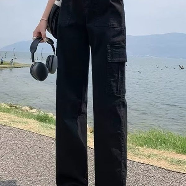 하이 웨이스트 블랙 데님 여성용 2023 년 여름 새로운 올 매치 패션 키 긴 바닥 바지 유행