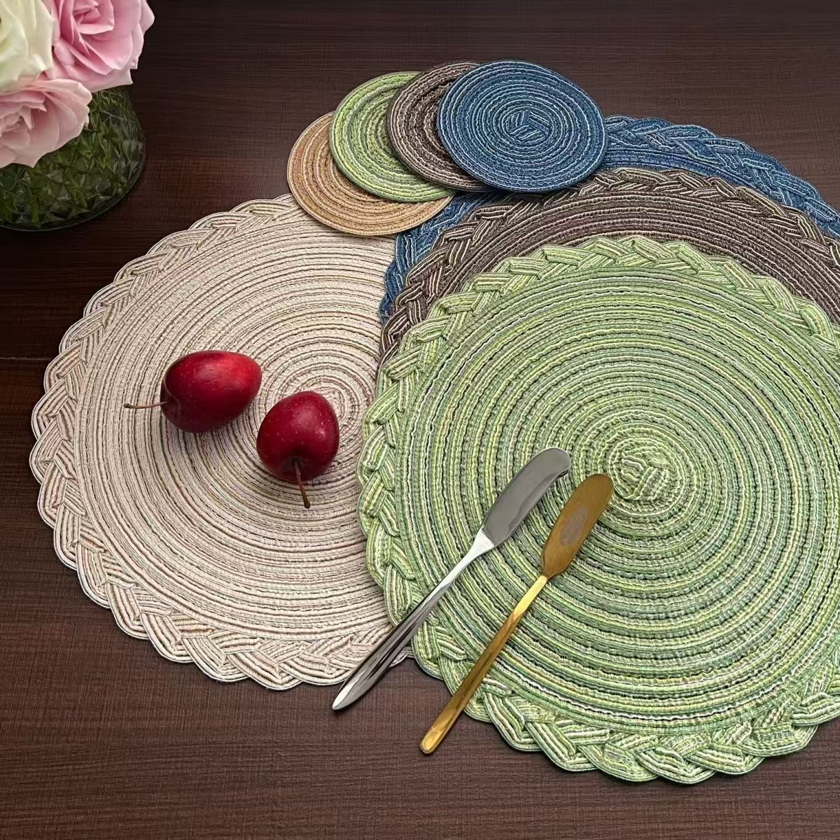 Almohadilla de hilo de algodón de imitación de estilo nórdico, tejido de ramio y mantel de encaje, almohadilla de aislamiento térmico, posavasos decorativos para el hogar