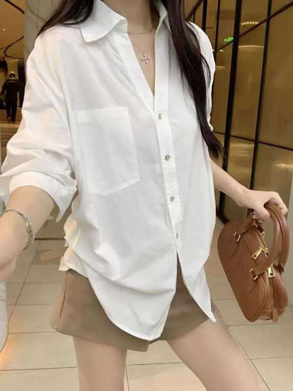 韩系设计感V领白色衬衫女装早秋新款老钱风宽松显瘦收腰百搭上衣|undefined