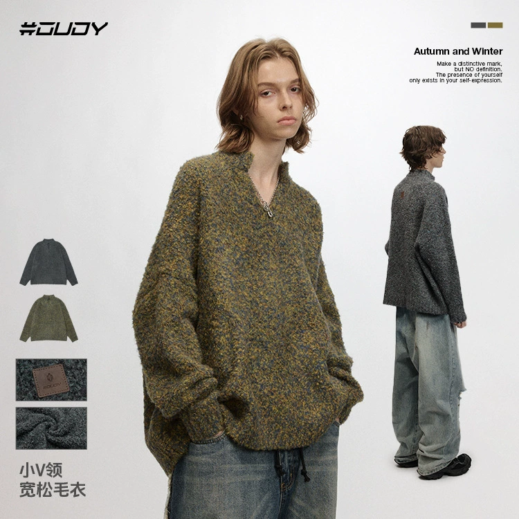 # OVDY осенне-зимняя трикотажная одежда, новый простой однотонный стиль в американском стиле, свободная трикотажная одежда с небольшим V-образным вырезом.