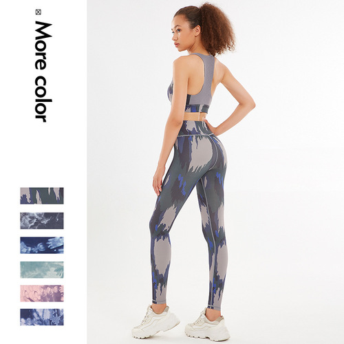  New Printed Yoga Wear Set Women's Quick-Drying Yoga Pants Beautiful Back Sports Bra European and American Fitness Wear Manufacturers