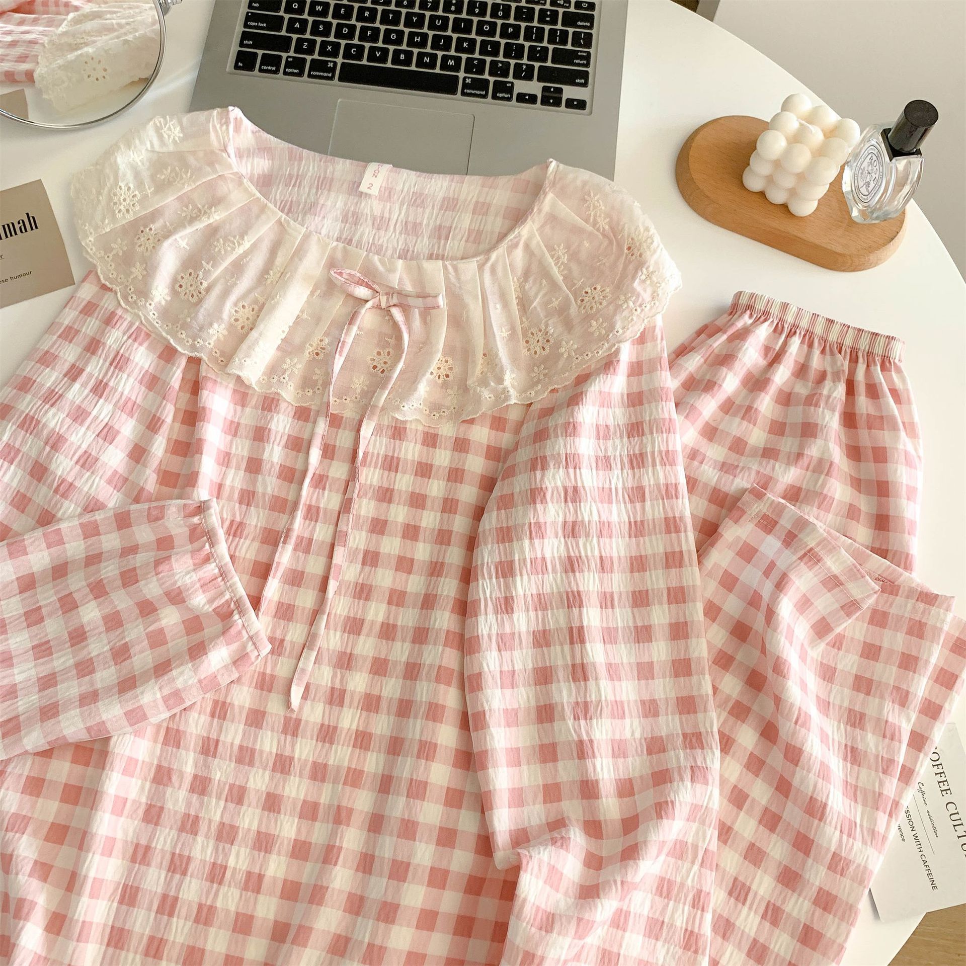 Red en vivo caliente nubes de algodón manga larga dulce gran solapa encaje pijama de primavera y otoño set de ropa para el hogar