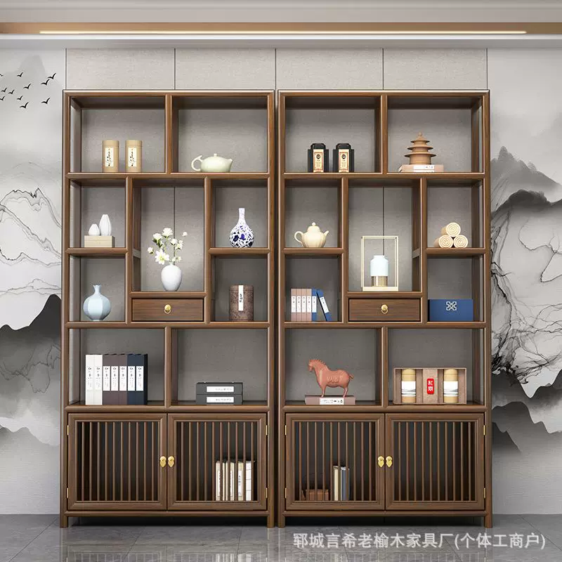 新中式博古架实木多宝阁老榆木茶室茶具置物架展示架客厅隔断木柜