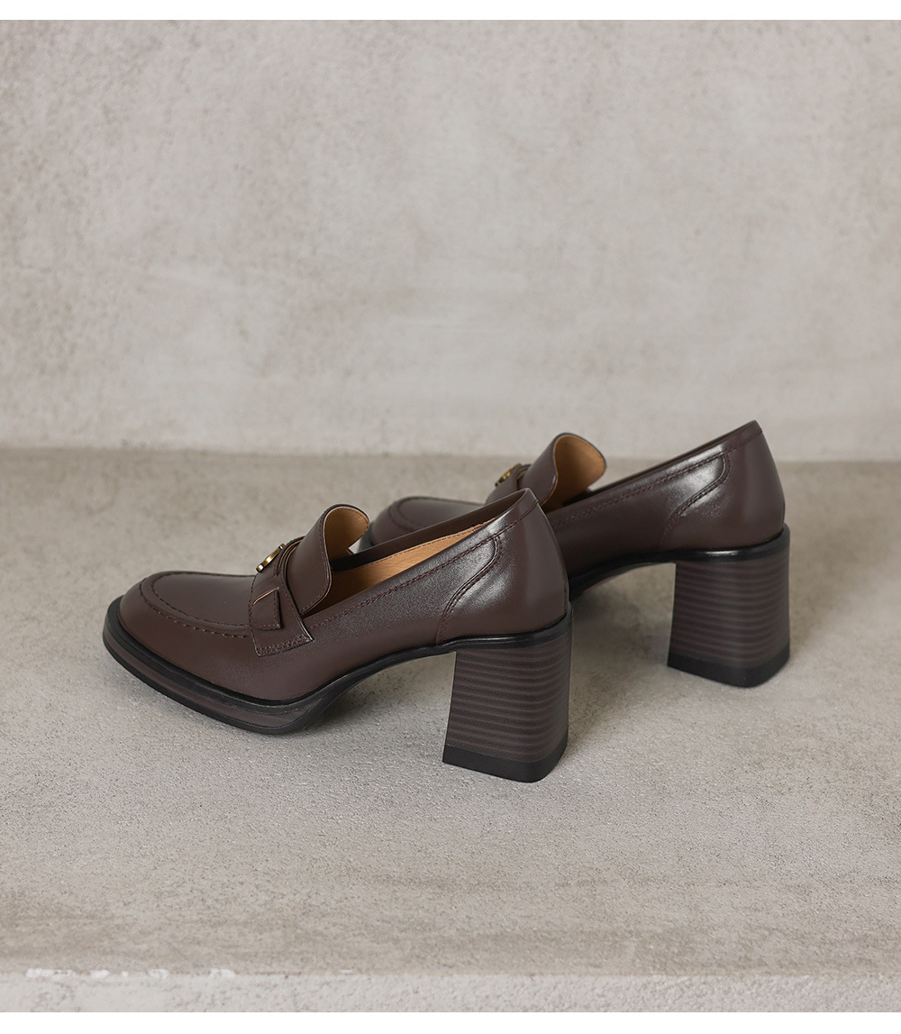 Giày loafer nữ cao gót phong cách Anh quốc vintage, da bò thật gót vuông — màu nâu chi tiết 21