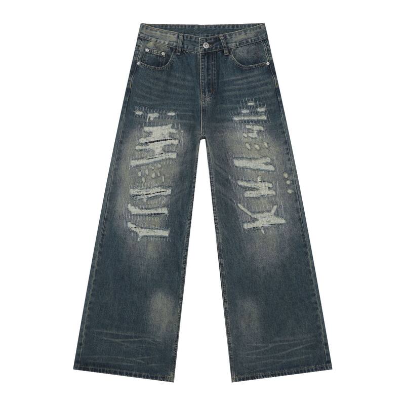 Quần jean nam ống rộng denim rách giặt cũ phong cách đường phố — Màu xanh lam, Đen xám