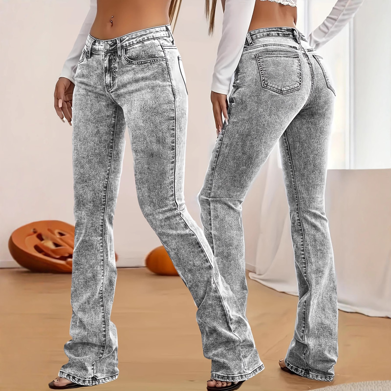 Women's Skinny Flare Jeans - Low-Waist Stretch Jeans with Button Closure and Non-Stretch Legs Women's Skinny Flare Jeans - Low-Waist Stretch Jeans with Button Closure and Non-Stretch Legs