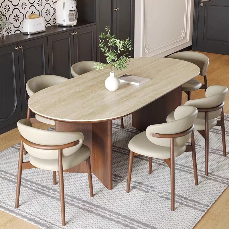 Medieval Retro Oval Slate Dining Table and Chair Set for 4-6 People, Solid Wood Frame, Light Luxury Dining Table