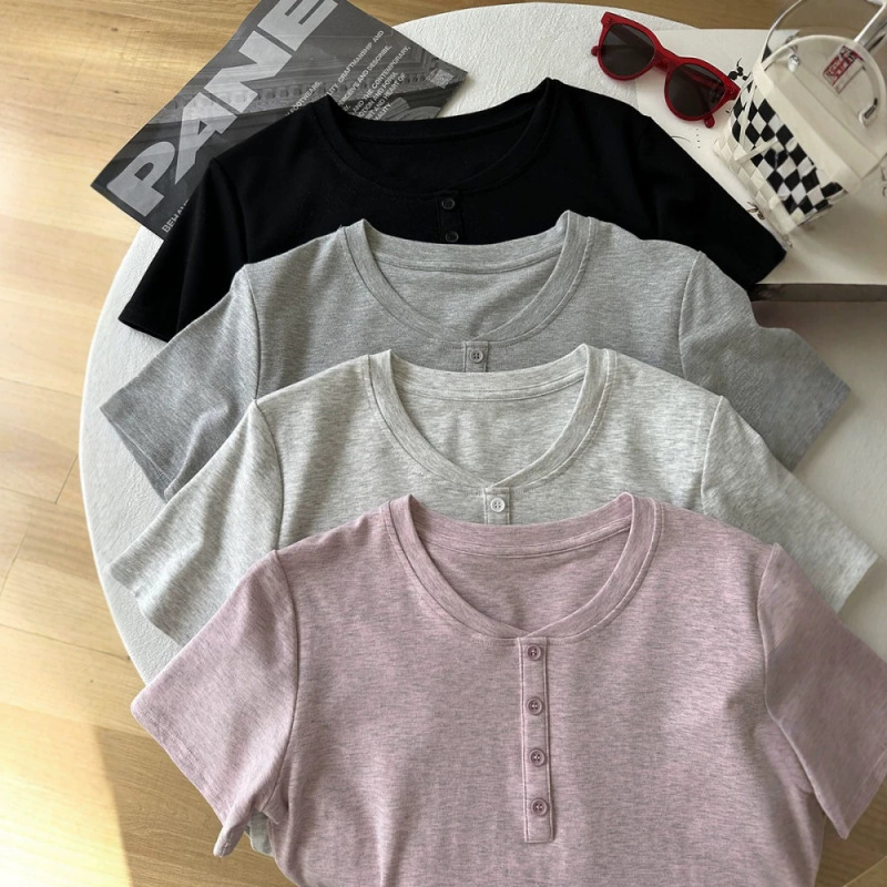 Fake Button Front Round Neck Short Sleeve T-Shirt for Women, 2026 Summer New Style, Regular Shoulder, Stretchy, Slim Fit, Casual Top
