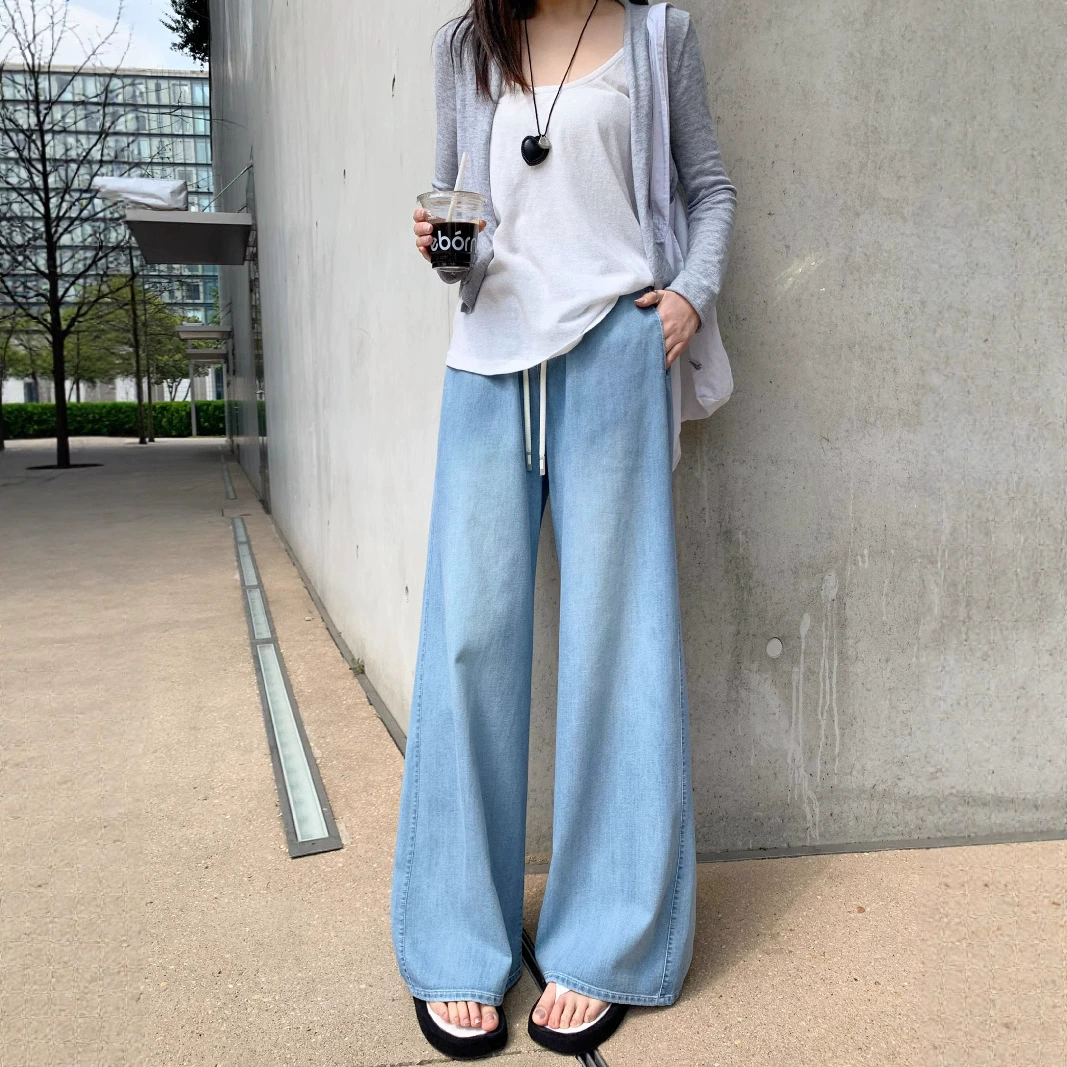 2025 новых летних джинсов для женщин, морской соли синие повседневные брюки-клеш, свободные и универсальные, длинные в пол в стиле casual