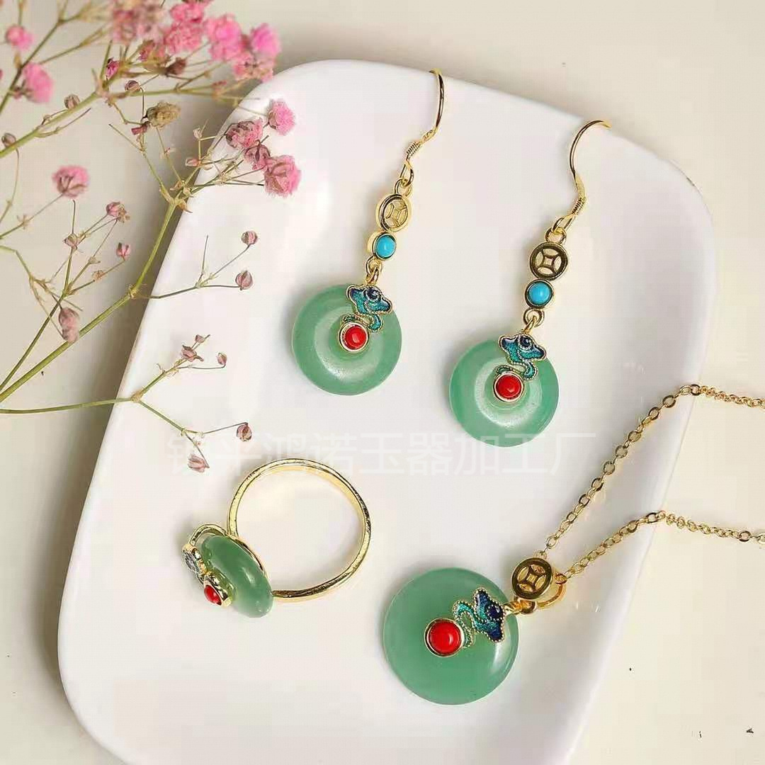 (Wholesale), stone inlay jade, pendant, ring, earrings, set, silver 925 sample, 3 piece set