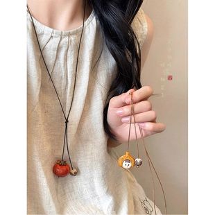 New Chinese Style Persimmon Ruyi Long Necklace Female Ethnic Style Retro Simple Woolen Chain National Style Niche Accessories