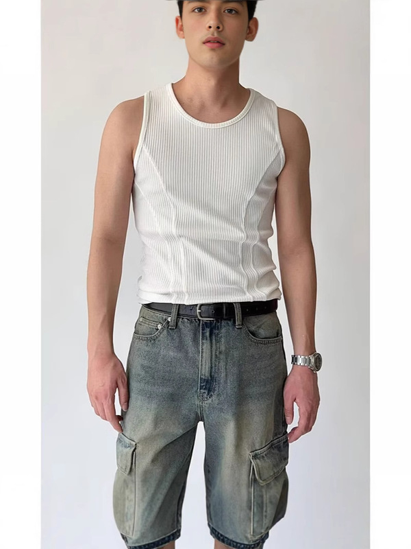 2025 Summer American Heavyweight Threaded Vest Men's Tight-Fitting Elastic Sleeveless T-Shirt Splicing Design Small Waistcoat