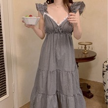 韩国ins女士新品夏季甜美小格纹拼接花边吊带连衣家居服睡裙批发