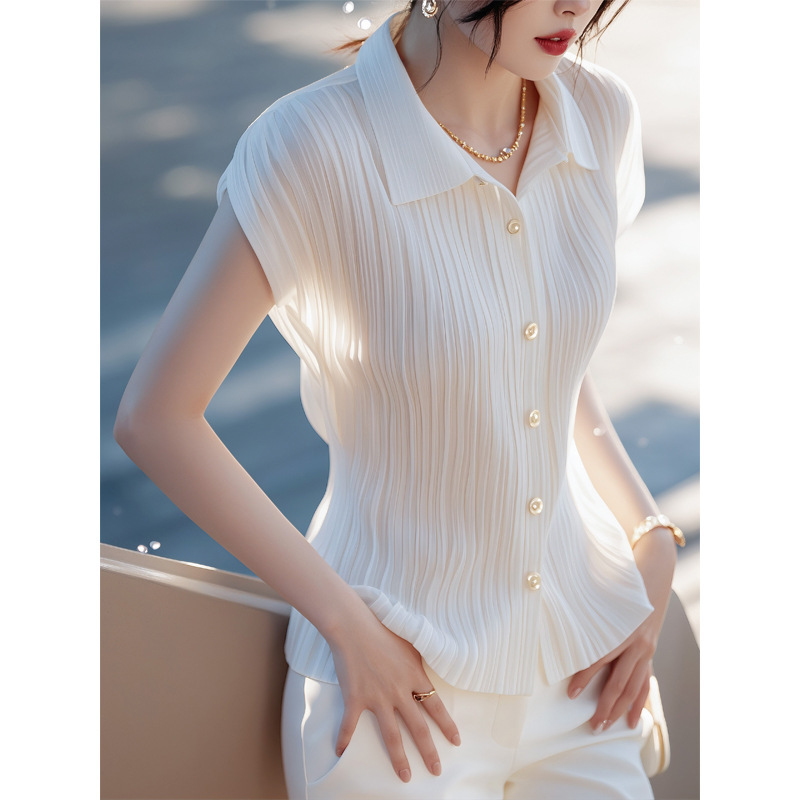 2025 New Arrival White Short-Sleeved Shirt Women's Summer Thin Korean Style Chic Chic Pretty Shirt Pleated Top
