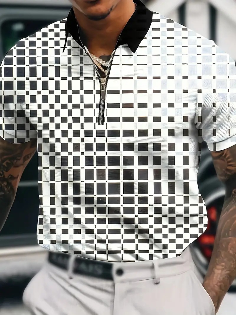 Camisa de polo suelta transpirable de malla de hombre de verano con cremallera de manga corta con camisa POLO simple con estampado 3D cuadrado geométrico