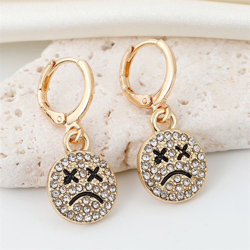 Ornament Korean New Cute Full Diamond Smiley Face Crying Face Earrings round Facial Expression Europe and America Cross Borderpicture3