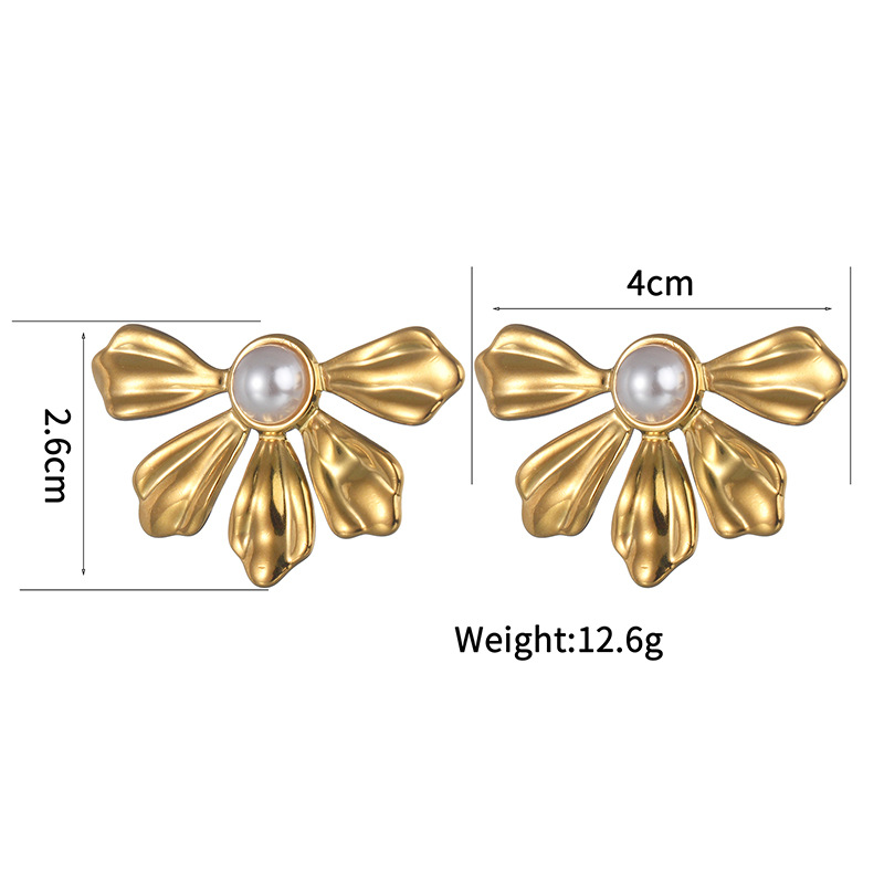 PVD Coated Gold Plating Process Wholesale Jewelry IG Style Flower Bow Knot 304 Stainless Steel Pearl Inlay Rings Earrings