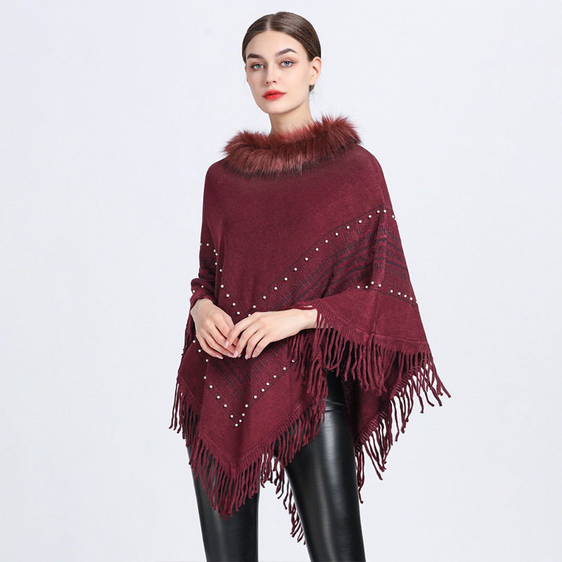 Pull en tricot à franges pour femme, châle, cape, col en fourrure_voghion.com
