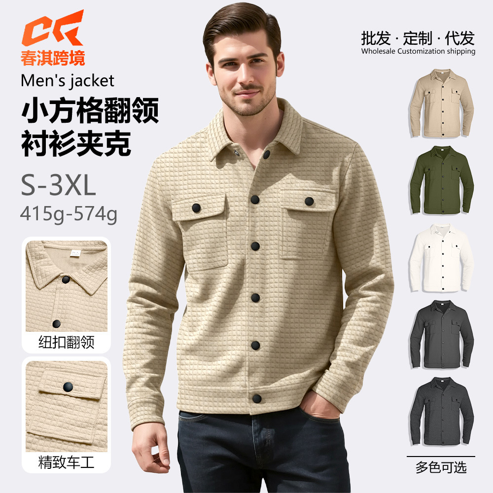 Europa y los Estados Unidos transfronterizos nuevos abrigos de viaje primavera y otoño comercio exterior Jacquard casuaje pequeño cuadrado suelto camisa de trabajo de punto hombre