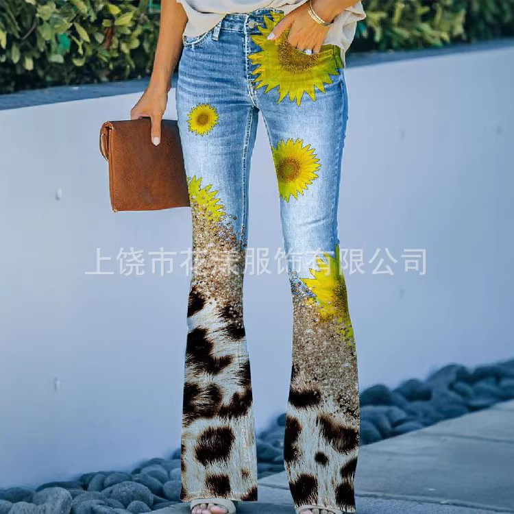 2025 independent station new AliExpress ebay European and American foreign trade plus size women's casual pants flower thin pants