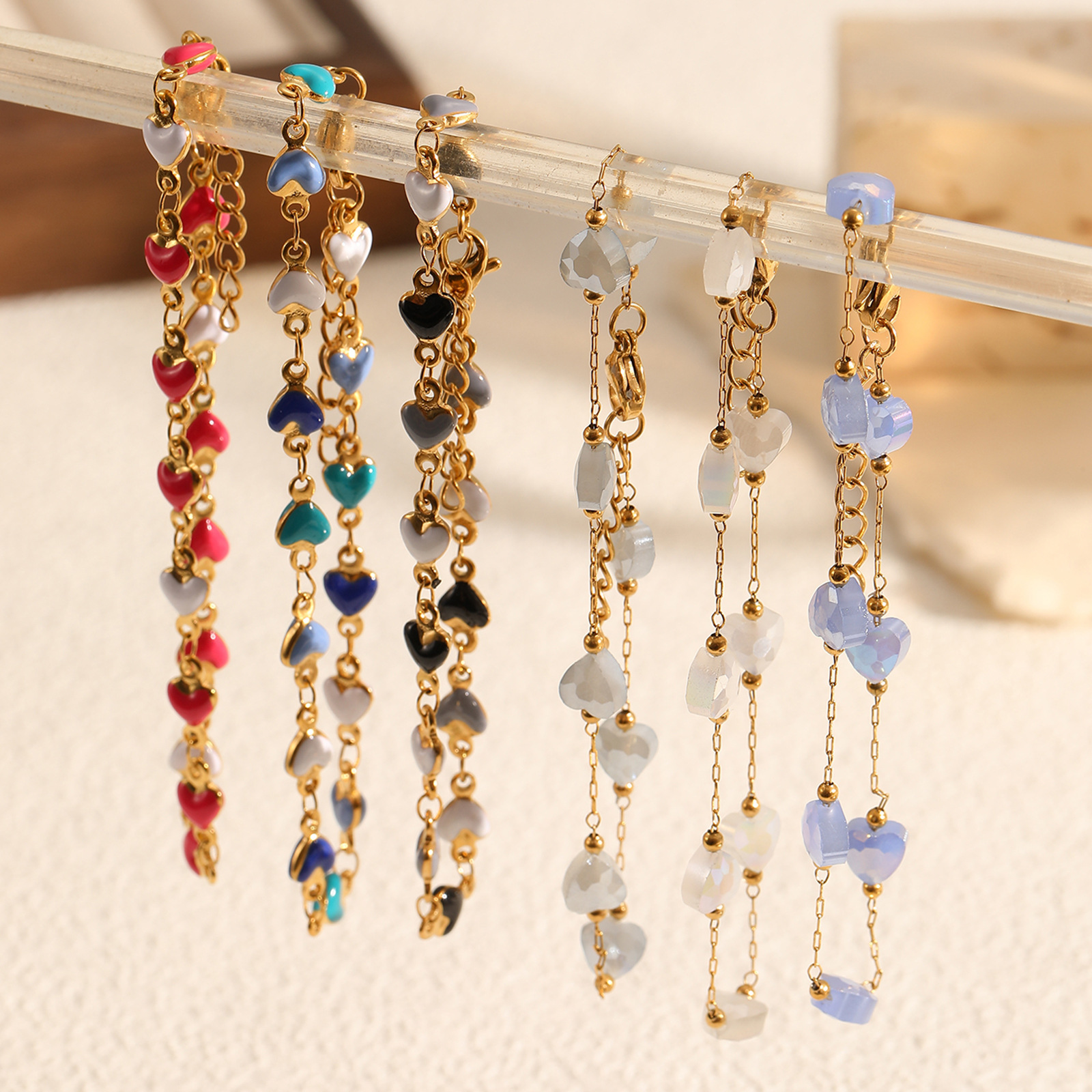 ins新款简约滴油桃心手链钛钢链条流苏手链饰品女 可定制彩色饰品