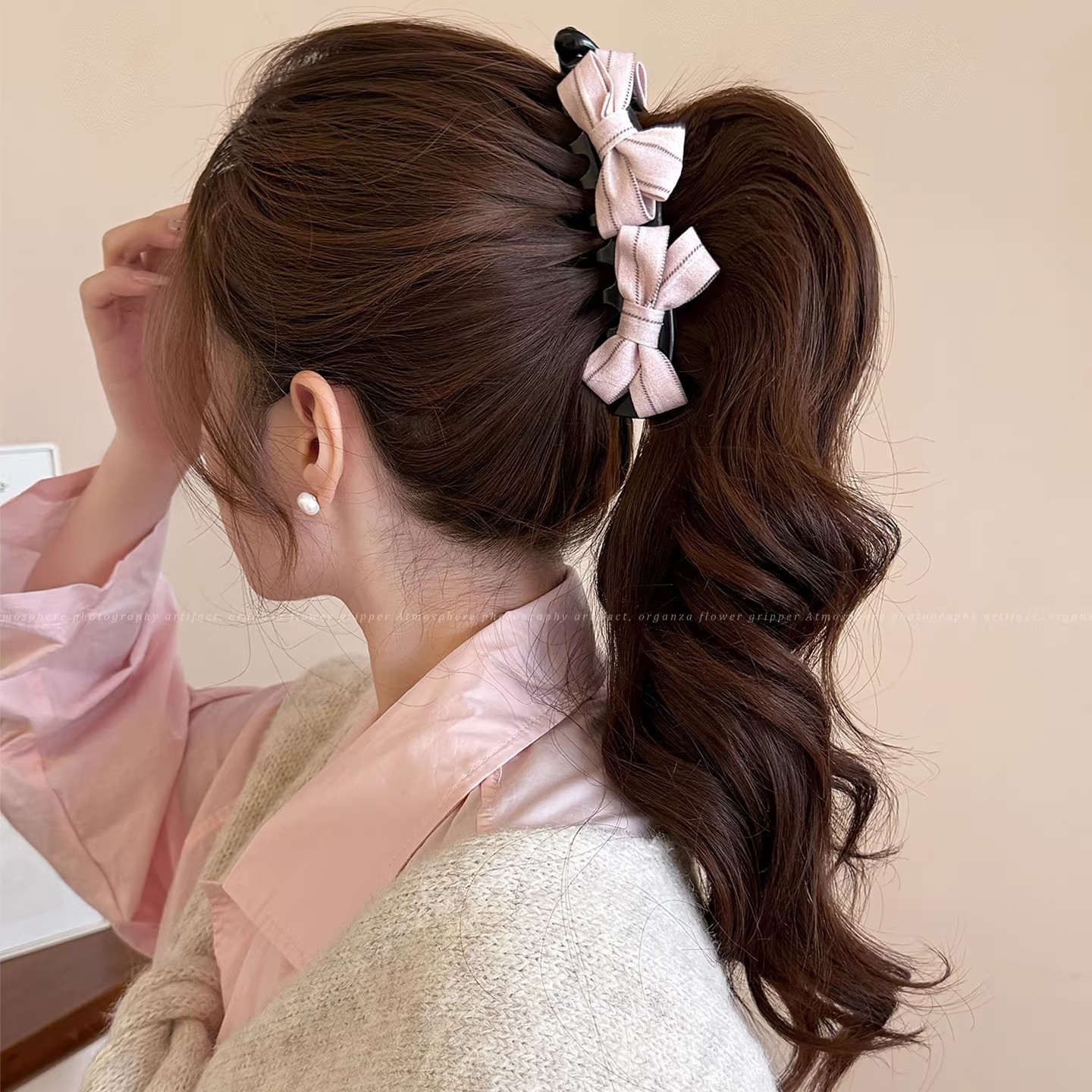 54# pink striped bow banana clip - 13cm