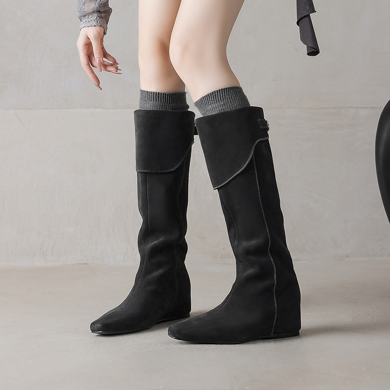 Boot nữ cổ cao da mờ phong cách Wasteland, đế xuồng tăng chiều cao, mùa thu đông — Màu nâu, xanh xám