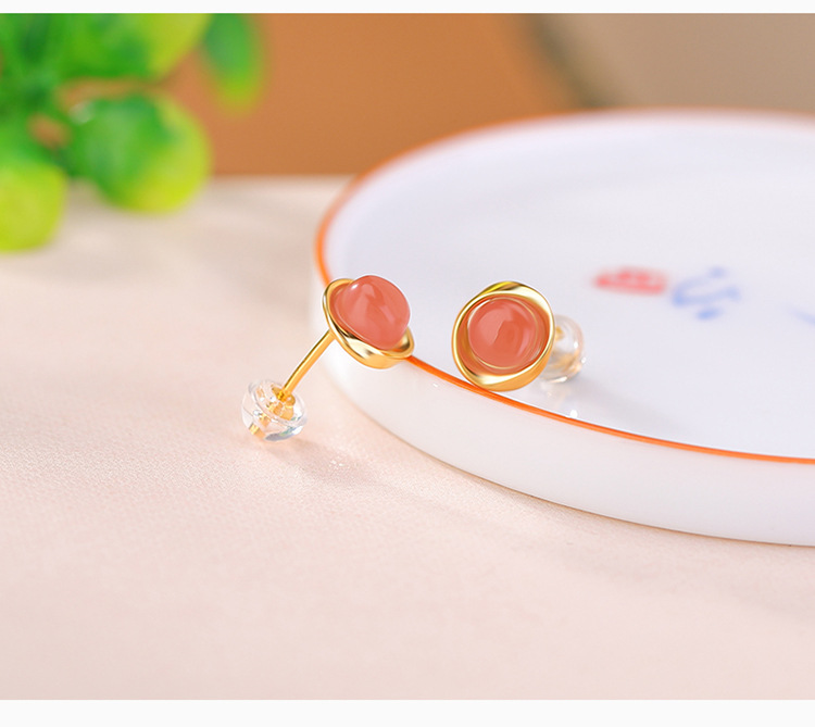 Bông tai bạc S925 mạ vàng hạt tròn hình học phong cách retro — Phong cách ngọc nước trong suốt chi tiết 4