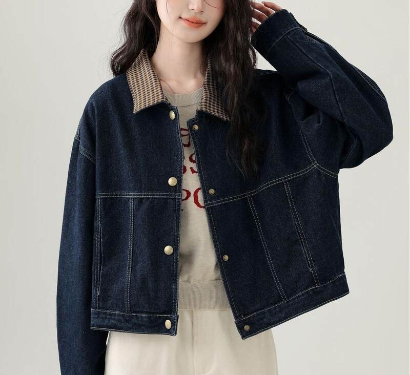 Áo khoác denim nữ ngắn phối caro cổ ve áo tay dài — màu xanh (chất lượng cao)