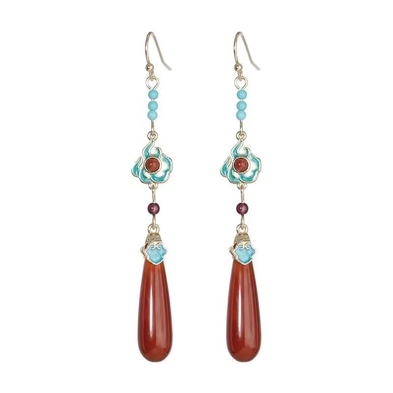 Designer Style Long Red Droplets with Emerald New Chinese Earrings Retro Style Versatile Earrings_voghion.com