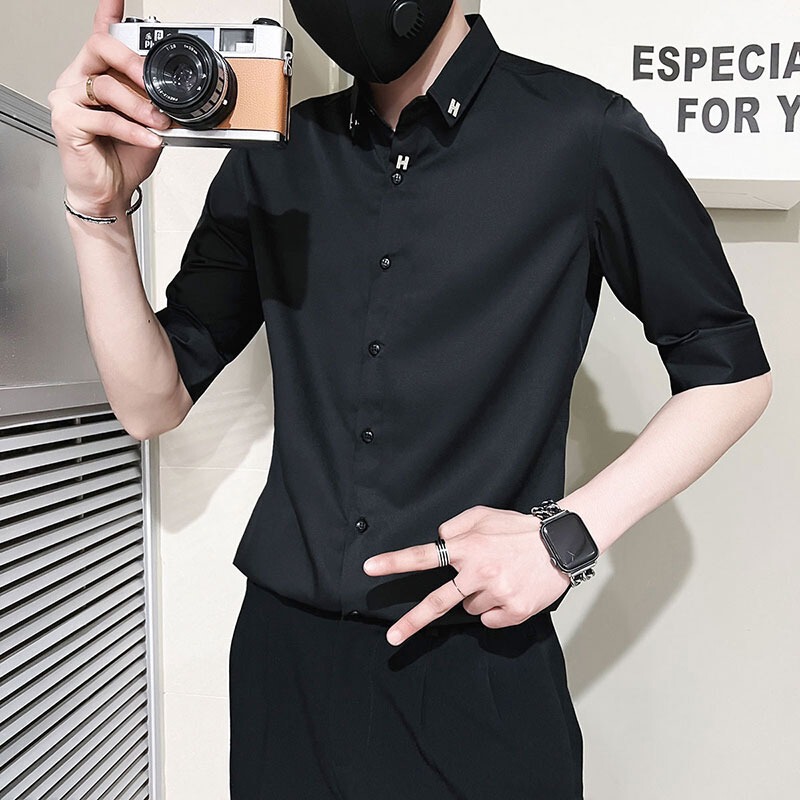 Ice Silk Shirt Men's Long-Sleeved Short-Sleeved Summer Thin Half-Sleeved Shirt Men's Trendy and Handsome Quarter-Sleeved Shirt