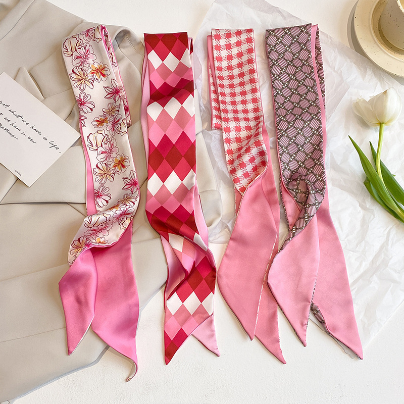 Spring and Summer New Pink Silk Scarf Versatile Hair Tie Ribbon Headband High-End Hair Tie Bag Ribbon Headwear for Women