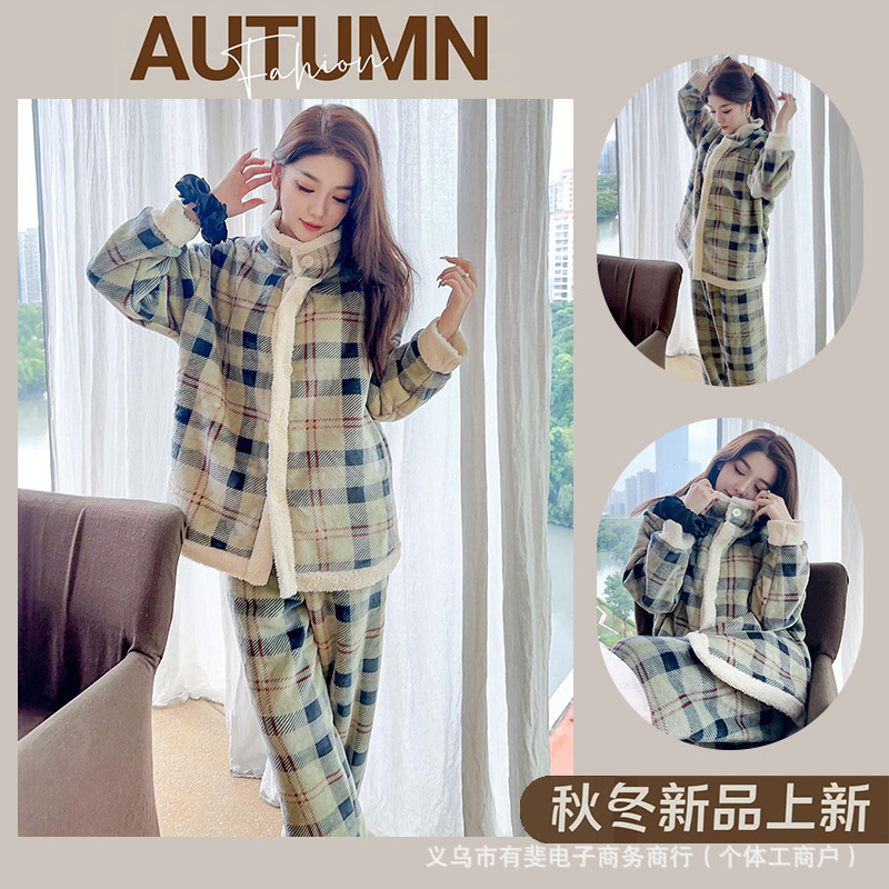 Fleece-Lined Thick Loose Lazy Stand Collar Home Wear Plaid New Warm Casual Fashion Women's Pajamas Suitable for Outerwear
