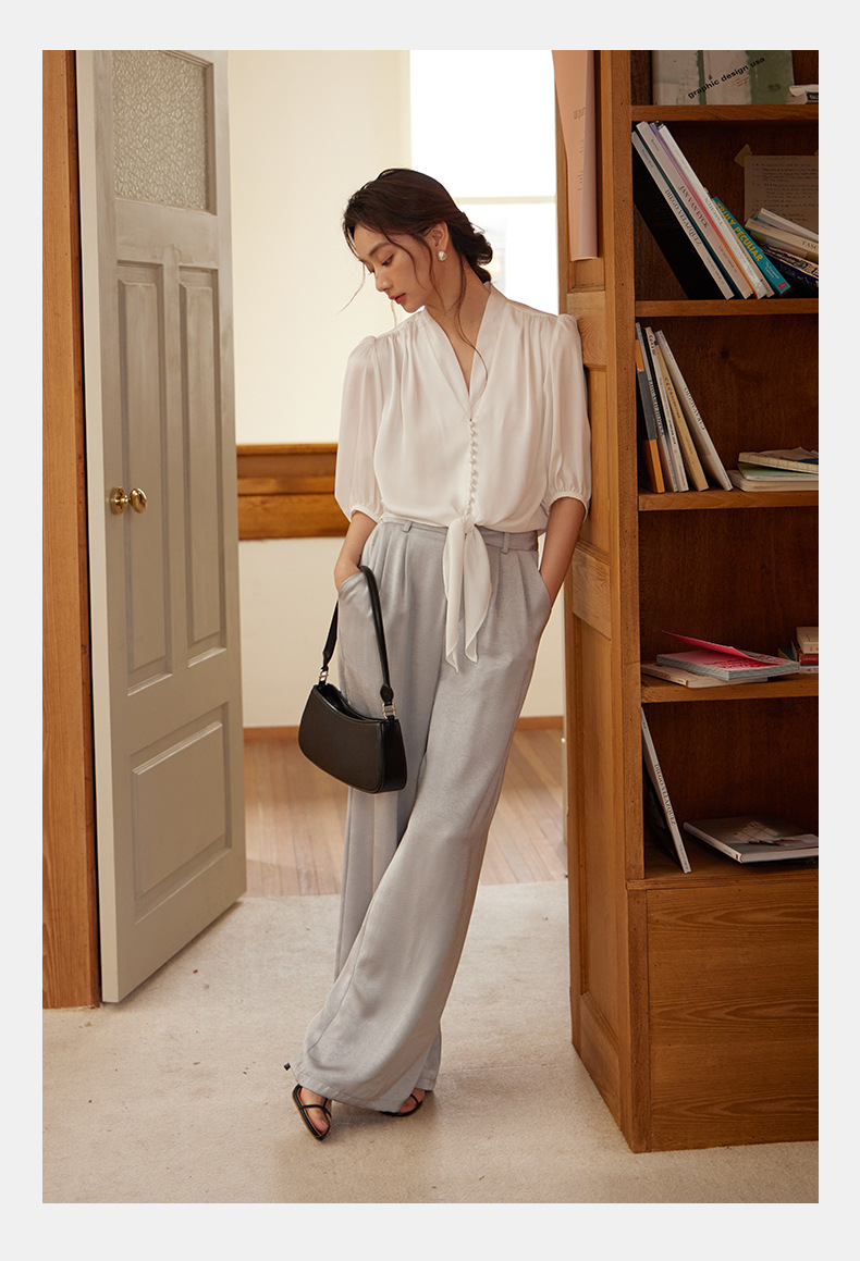 起范2024夏季新品法式知性优雅V领女士衬衫宽松显瘦缎面衬衣82911 pic 24