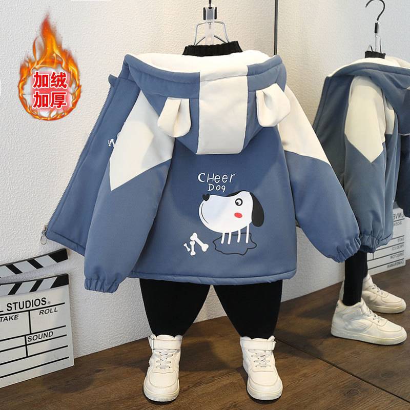 儿童派克服男童连帽卡通棉衣2025秋冬加绒加厚外套女童保暖风衣