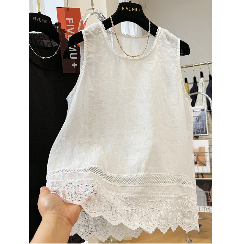 女性の夏のアウターウェアのためのハイエンドのレースの綿ラウンドネックベストシャツ薄いノースリーブベストトップ|undefined