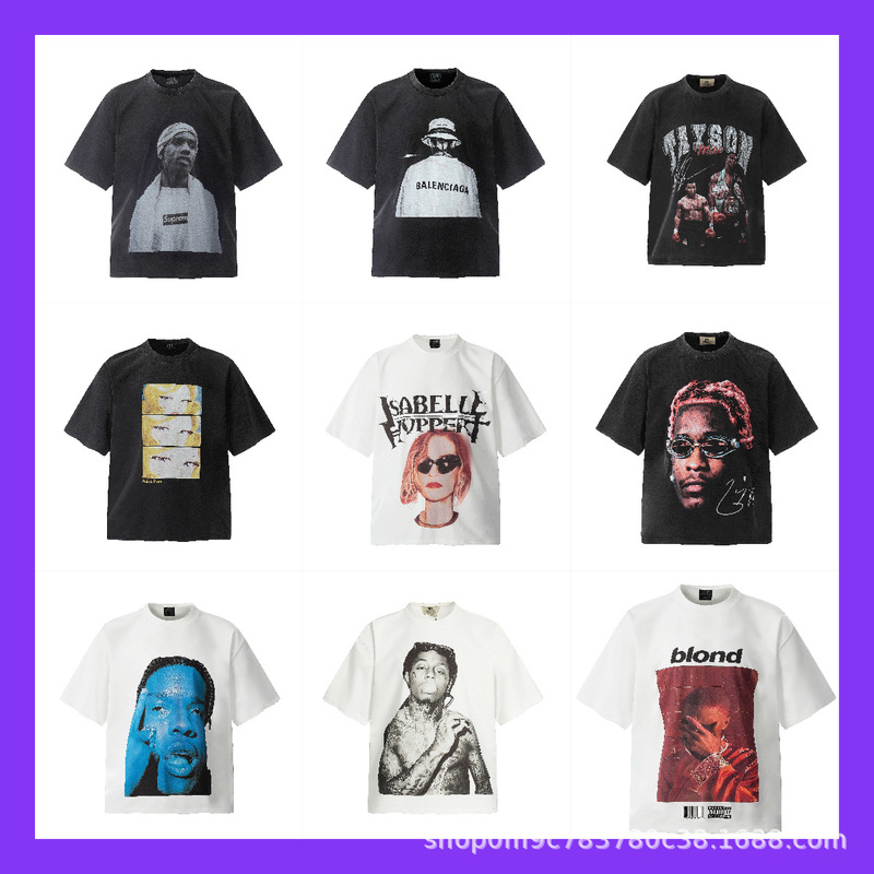 Travis Scott Creative and Interesting Black Printed T-Shirt Washed and Distressed Men's and Women's Casual Loose Hip-Hop Short-Sleeved
