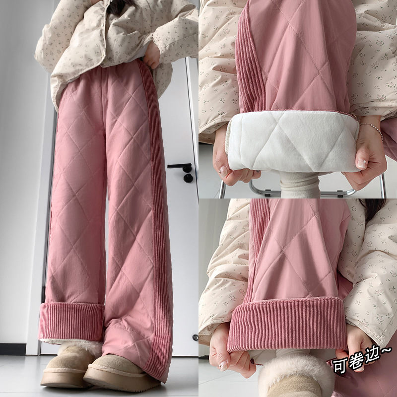 Northeast Cotton Pants for Women in Winter, Fleece-Lined, High-Waisted, Quilted Casual Pants, Warm and Cold-Proof, Draped, Curled Wide-Leg Pants