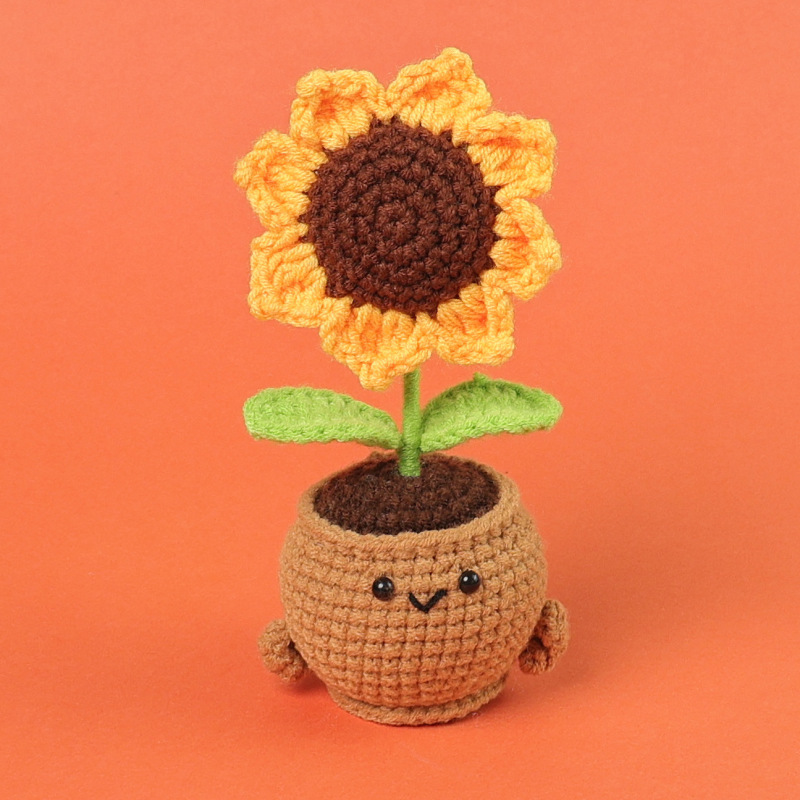 完成品手編みウールひまわり鉢植え編み込み小さな太陽永遠の造花車のデスクトップ装飾ギフト|undefined