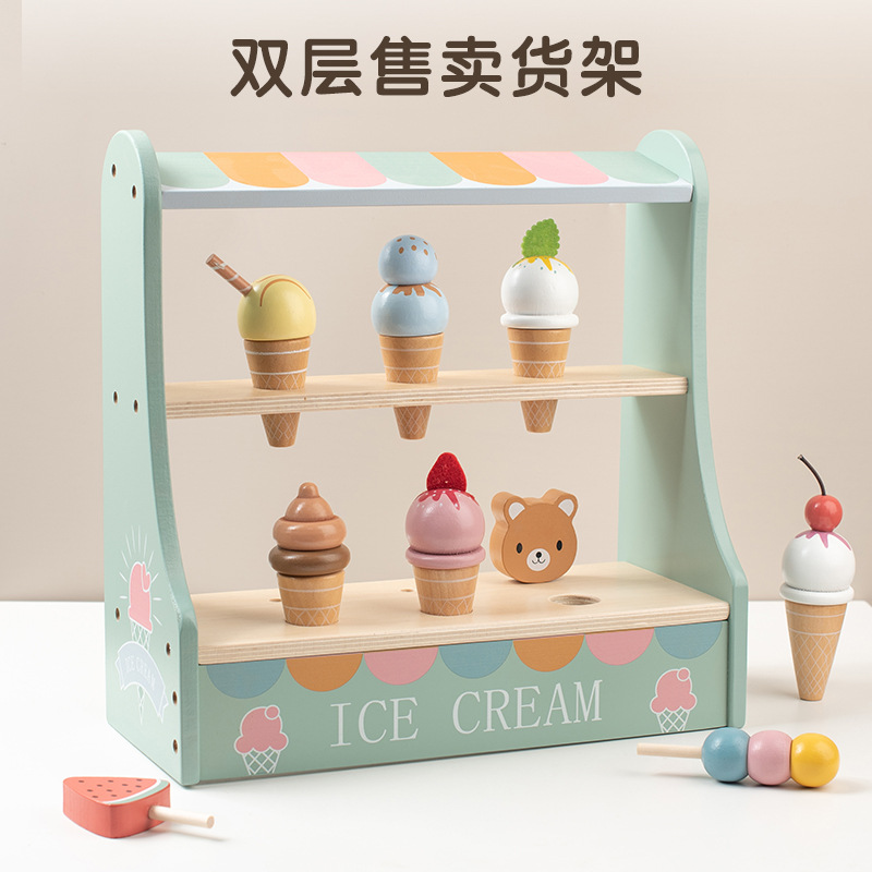Simulación de madera helado estante de venta de dulces barril tienda de juguetes de madera helado para niños